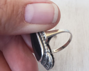 enamel ring, onyx ring, marcasite ring, estate silver, vintage silver, vintage silver ring, statement ring, silver statement ring