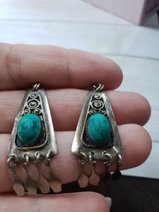 Vintage 1960s 1970s Boho Estate Sterling Silver 925 drop earrings - handmade silver, faux turquoise, screw back, estate 925 jewelry