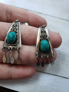 Vintage 1960s 1970s Boho Estate Sterling Silver 925 drop earrings - handmade silver, faux turquoise, screw back, estate 925 jewelry