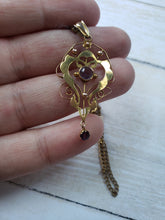 Load image into Gallery viewer, Estate 9 Karat Carat Yellow Gold Amethyst Art Nouveau Lavalier Pendant and Chain, estate gold jewelery, 1920s, 1910s, Edwardian