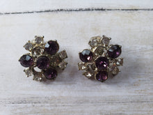 Load image into Gallery viewer, Vintage 1960s 1970s Purple Clear Rhinestone Cluster Clip Back Earrings: vintage costume jewelry, vintage rhinestone earrings
