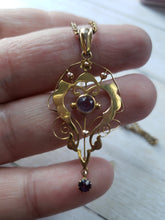 Load image into Gallery viewer, Estate 9 Karat Carat Yellow Gold Amethyst Art Nouveau Lavalier Pendant and Chain, estate gold jewelery, 1920s, 1910s, Edwardian