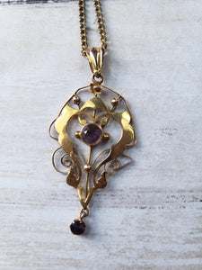 Estate 9 Karat Carat Yellow Gold Amethyst Art Nouveau Lavalier Pendant and Chain, estate gold jewelery, 1920s, 1910s, Edwardian