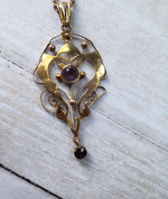 Load image into Gallery viewer, Estate 9 Karat Carat Yellow Gold Amethyst Art Nouveau Lavalier Pendant and Chain, estate gold jewelery, 1920s, 1910s, Edwardian