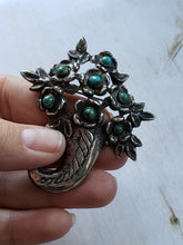 Load image into Gallery viewer, Estate Mexican Silver and Turquoise Brooch, 1930s, 1940s, Estate Silver, Antique Mexican Silver, Flowers, Horn of Plenty, Large Silver Pin