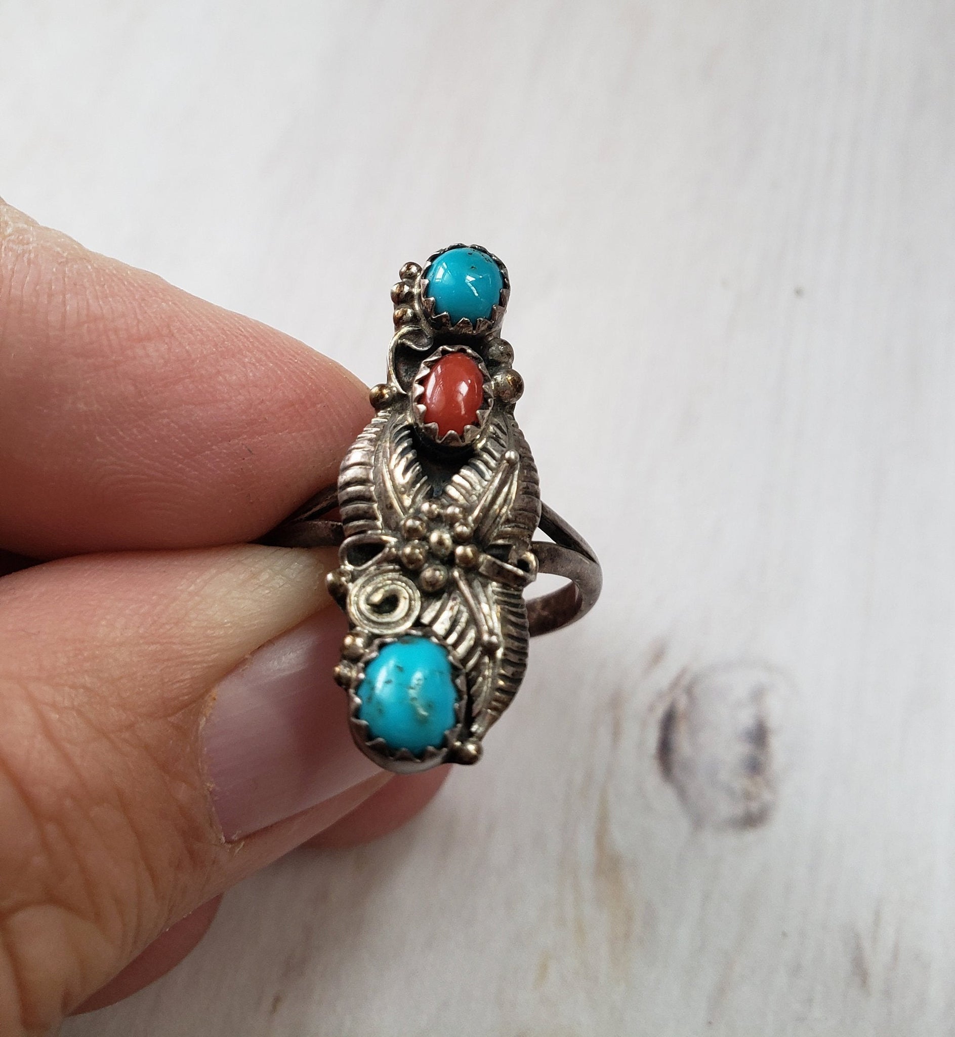 Vintage Navajo Sterling Silver 925 ,Turquoise and Coral Ring
